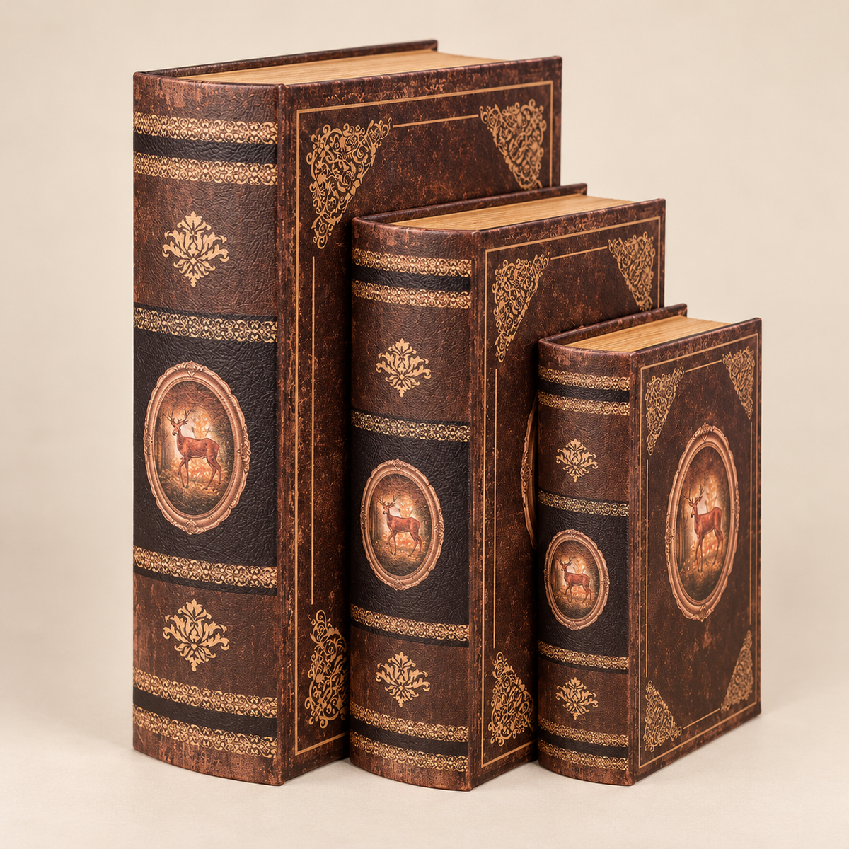 Set 3 Scatole Decorative a Forma di Libro Vintage con Cervo e Decori Dorati – Finti Libri Portaoggetti Marroni – 3 Dimensioni