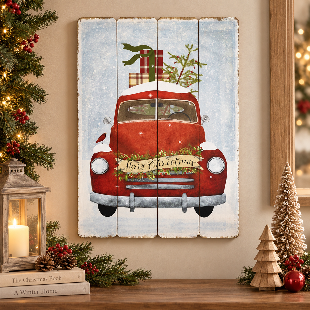 Quadro Natalizio su MDF “Merry Christmas” — Auto Vintage con Regali 50×70 cm