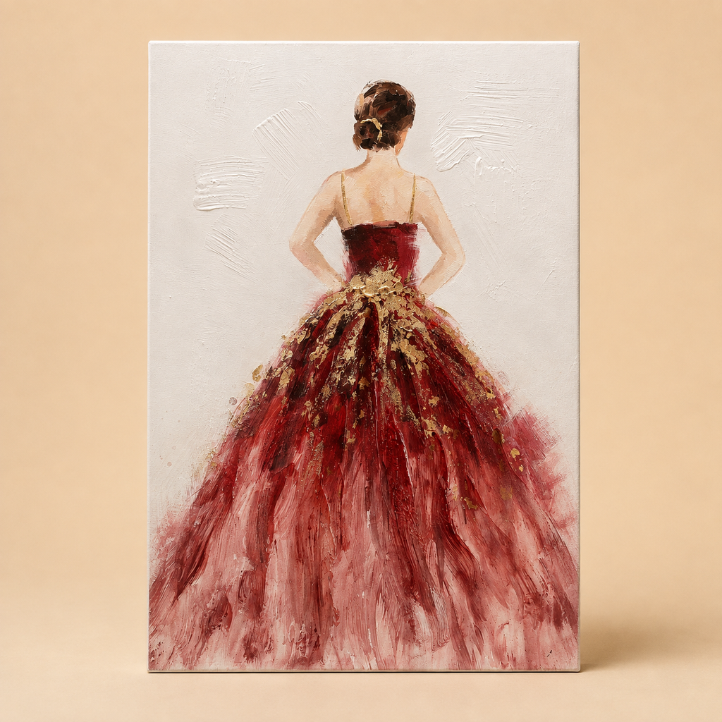 Dipinto a Mano Donna con Abito Rosso – 60 x 90 cm