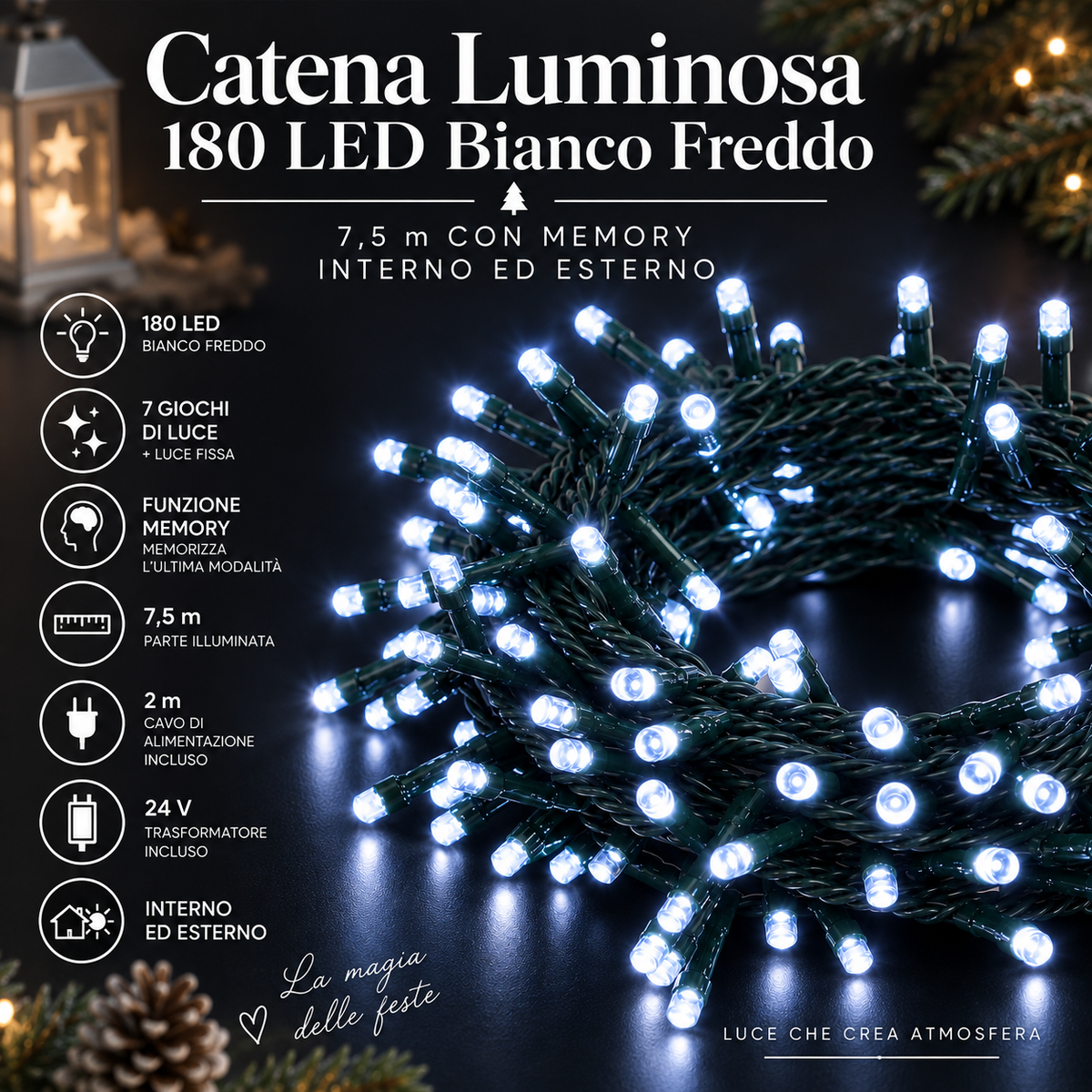 Catena Luminosa 180 LED Bianco Freddo 7,5 m con Memory – Interno ed Esterno