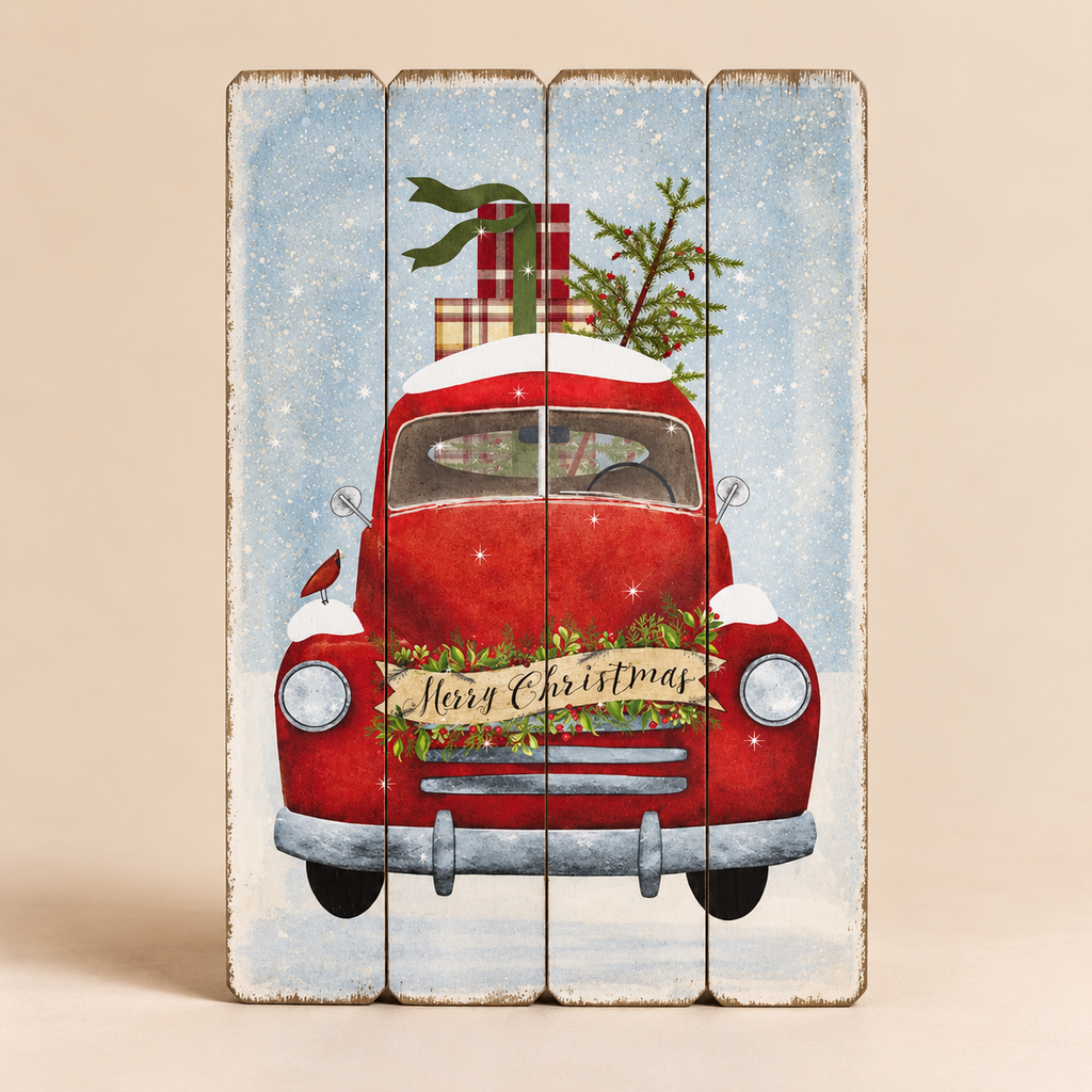 Quadro Natalizio su MDF “Merry Christmas” — Auto Vintage con Regali 50×70 cm