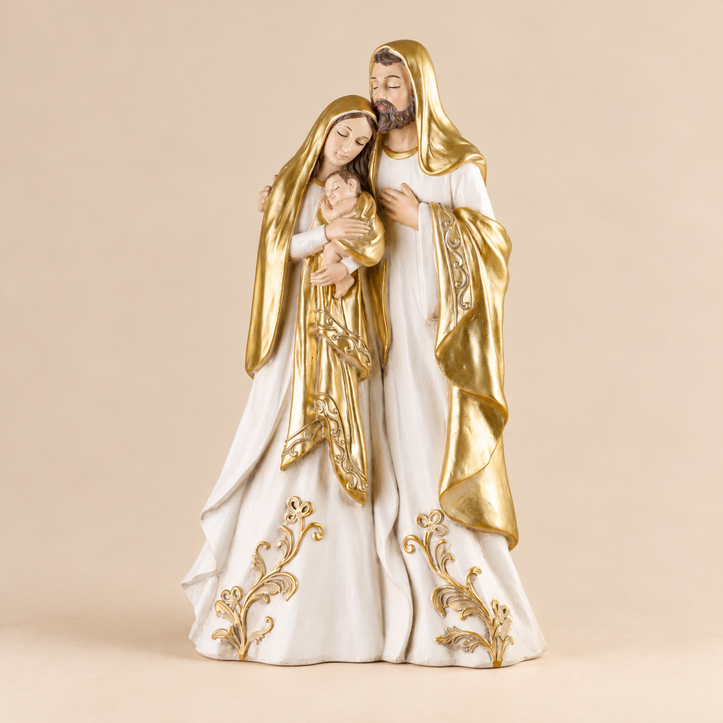 Natività Sacra Famiglia con Gesù Bambino in Resina Bianca e Oro – Collezione Lieta Novella 24x11x41 cm