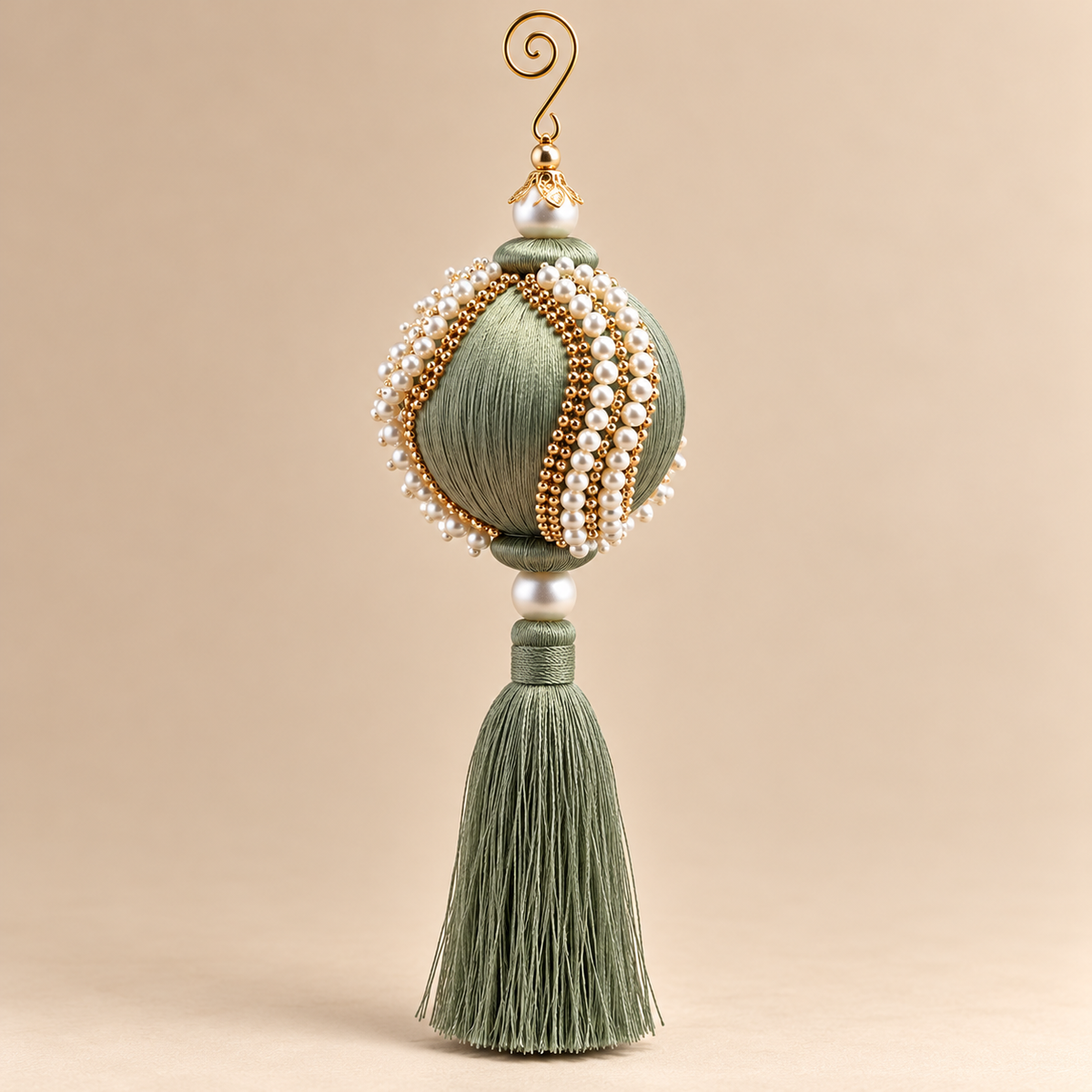 Sfera Natalizia EDG Verde Salvia con Perle Bianche, Strass Dorati e Nappa Ø8xH28 cm