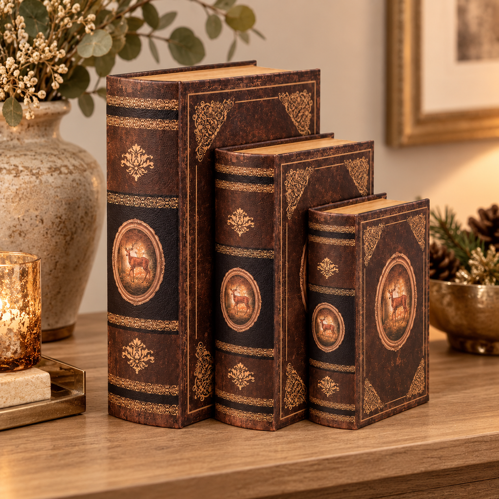 Set 3 Scatole Decorative a Forma di Libro Vintage con Cervo e Decori Dorati – Finti Libri Portaoggetti Marroni – 3 Dimensioni