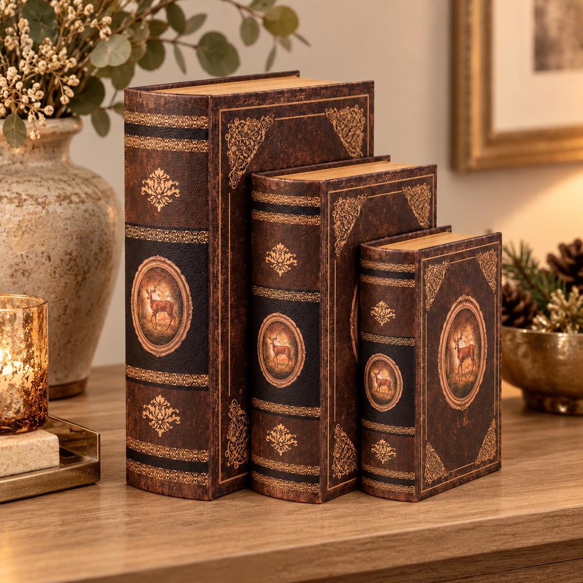 Set 3 Scatole Decorative a Forma di Libro Vintage con Cervo e Decori Dorati – Finti Libri Portaoggetti Marroni – 3 Dimensioni