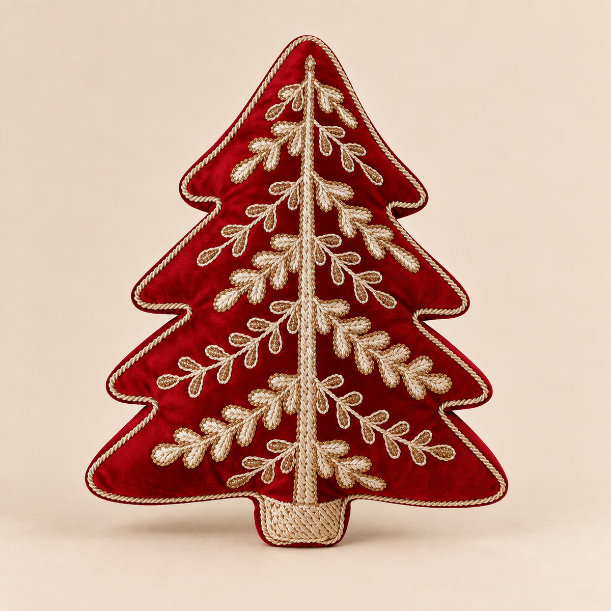 Cuscino Natalizio Sagomato Albero Rosso con Applicazioni Oro 32 x 42 cm
