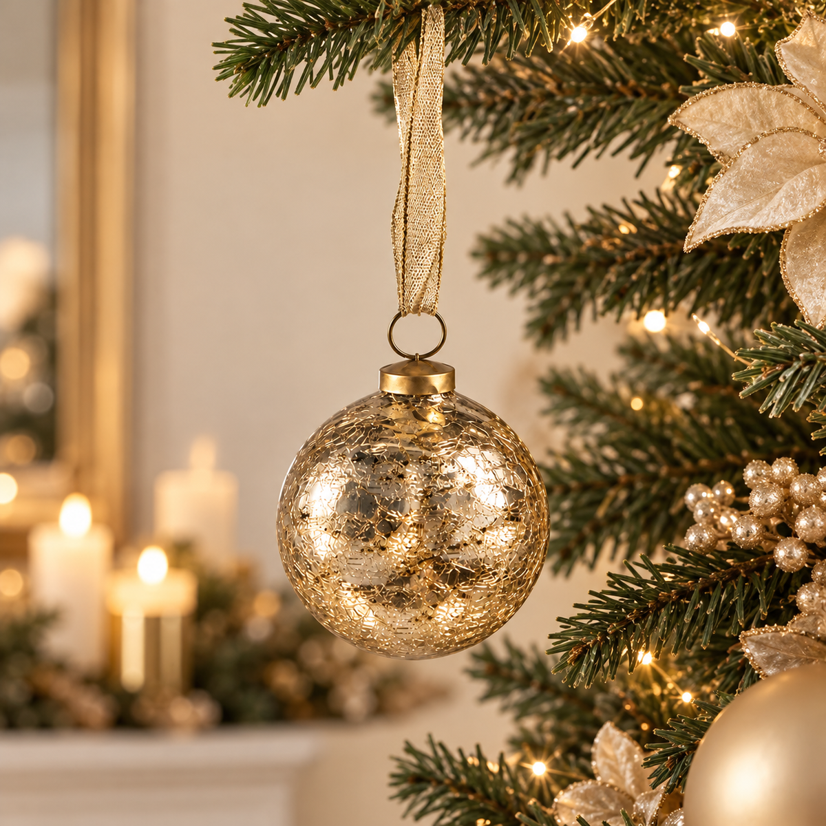 Sfera di Natale in Vetro Oro Anticato con Effetto Craquelé e Nastro Dorato – Ø 10 cm