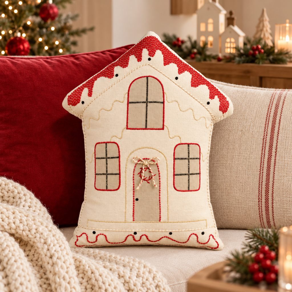 Cuscino Natalizio a Forma di Casetta di Pan di Zenzero Sweet Home in Cotone con Ricami Rossi – 35x42 cm