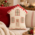 Cuscino Natalizio a Forma di Casetta di Pan di Zenzero Sweet Home in Cotone con Ricami Rossi – 35x42 cm