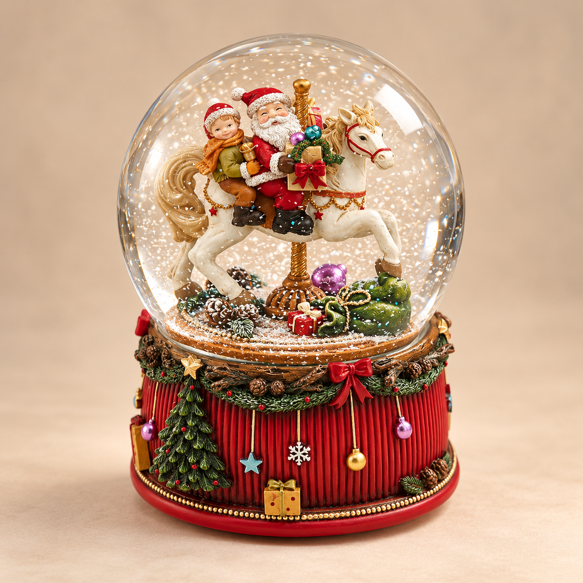 Sfera di Neve Musicale EDG con Babbo Natale e Bambina su Cavallo Bianco, 8 Melodie e Movimento H20 cm