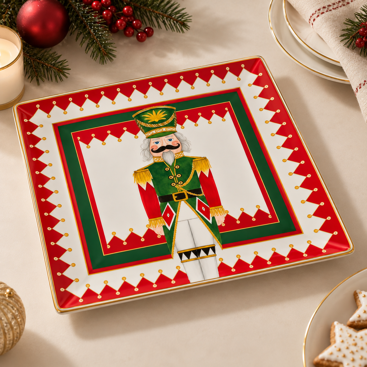 Vassoio Gourmet Natalizio Quadrato Xmas Carol in Porcellana con Schiaccianoci Verde e Rosso 30,5 x 30,5 cm