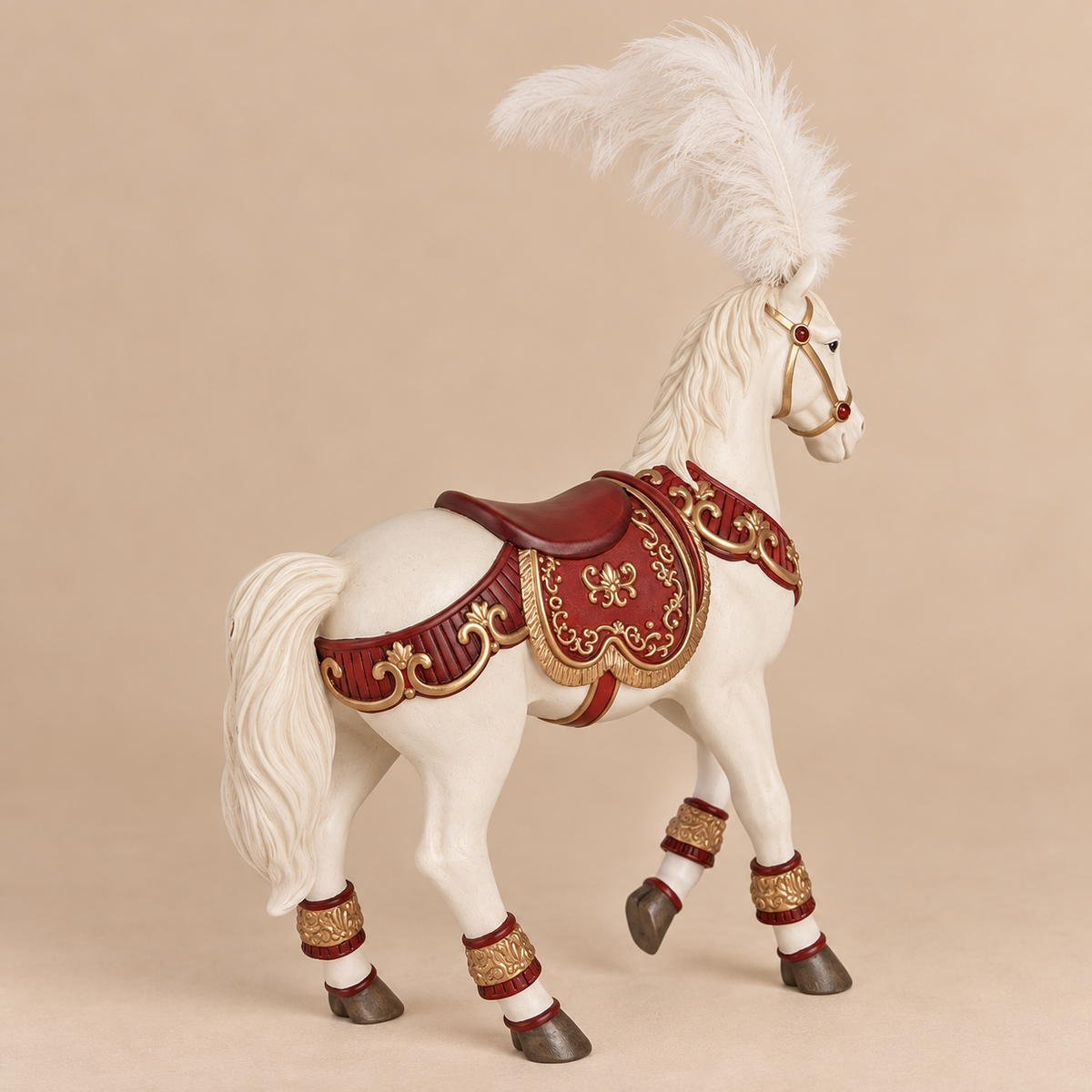 Cavallo Natalizio Decorativo Bianco con Piume e Sella Rossa Oro 35 x 12 x H56 cm