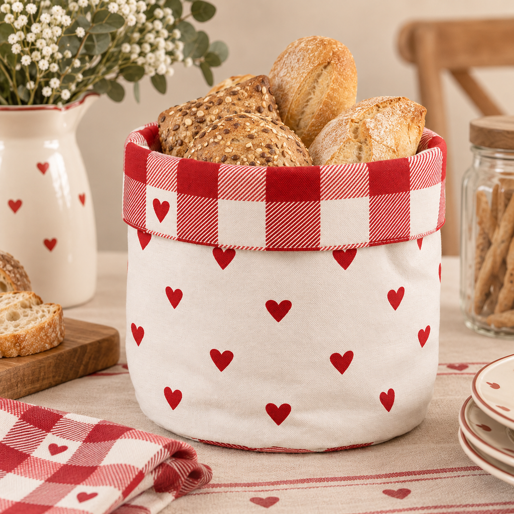 Cestino Portapane Batticuore in Cotone Bianco con Cuori Rossi