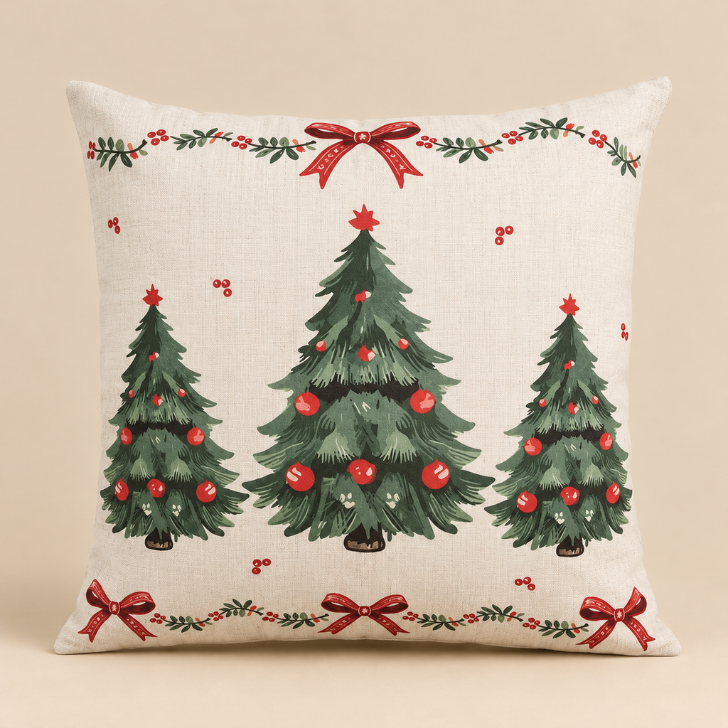 Cuscino Natalizio Decorativo Beige con Alberi di Natale Verdi e Fiocchi Rossi 45 x 45 cm