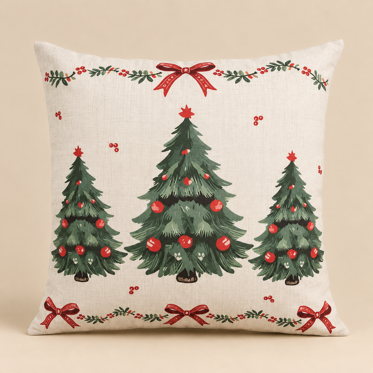 Cuscino Natalizio Decorativo Beige con Alberi di Natale Verdi e Fiocchi Rossi 45 x 45 cm