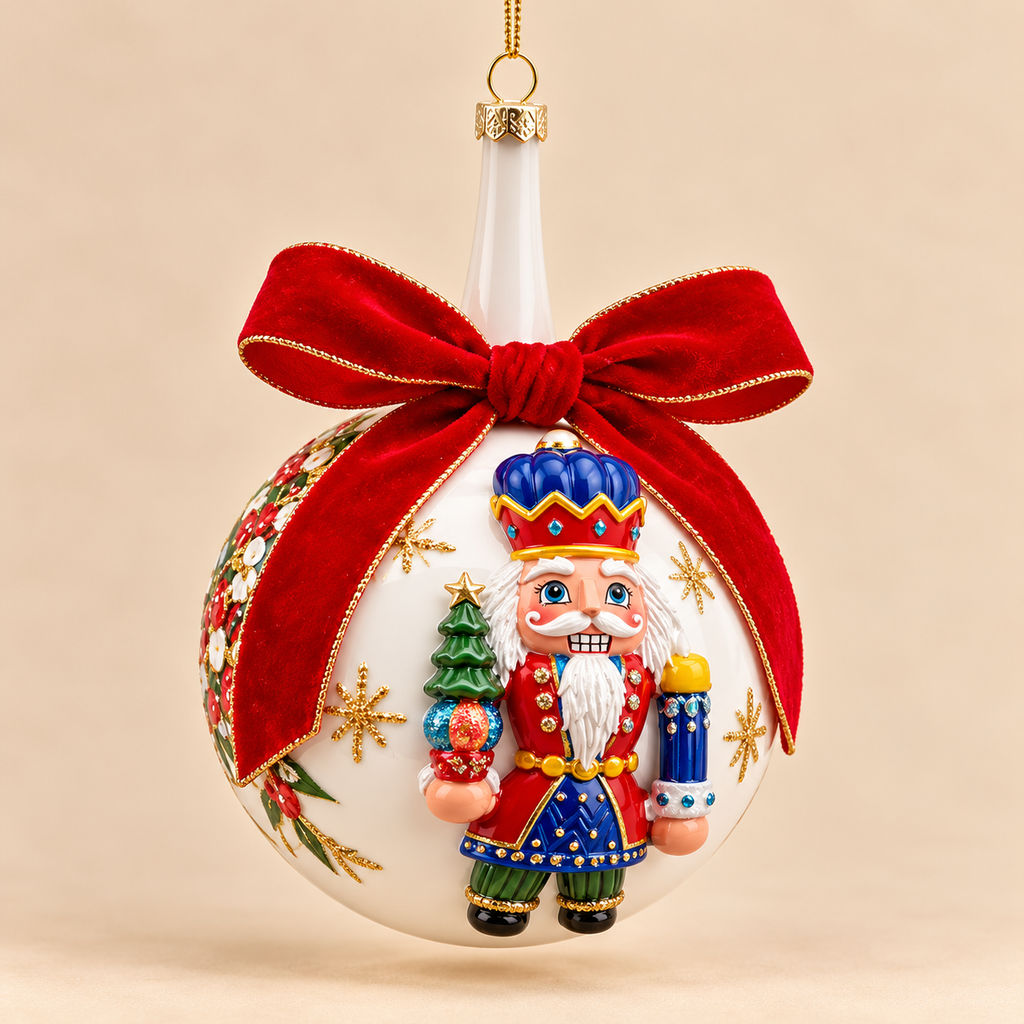 Sfera di Natale Bianca con Schiaccianoci in Rilievo e Fiocco in Velluto Rosso – Ø 10 cm