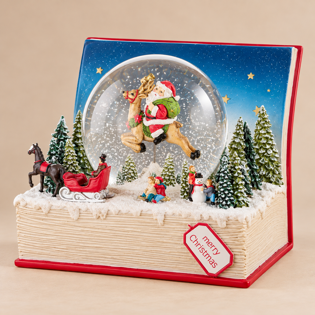 Palla di Neve Natalizia con Babbo Natale sulla Renna e Paesaggio Innevato a Forma di Libro – Collezione I Sogni dei Piccoli 18x16,5x17 cm