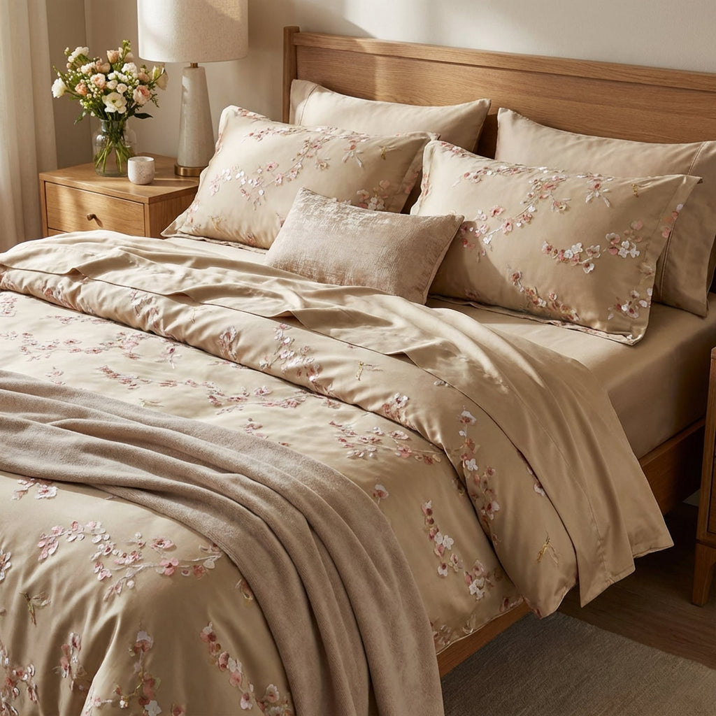 Completo letto matrimoniale Bloom Almond beige Lenzuola