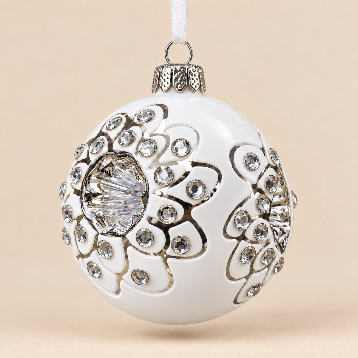 Sfera di Natale in Vetro Bianco e Argento con Cristalli Ø 8 cm