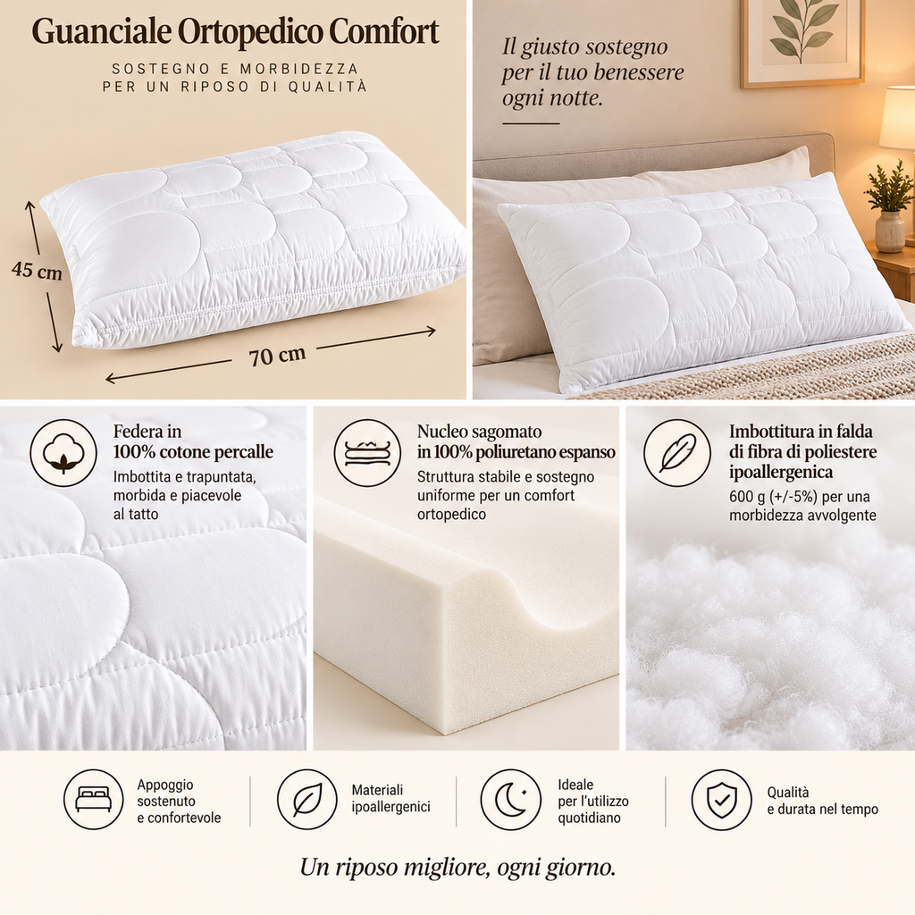 Guanciale Ortopedico Comfort in Cotone Percalle con Nucleo in Poliuretano