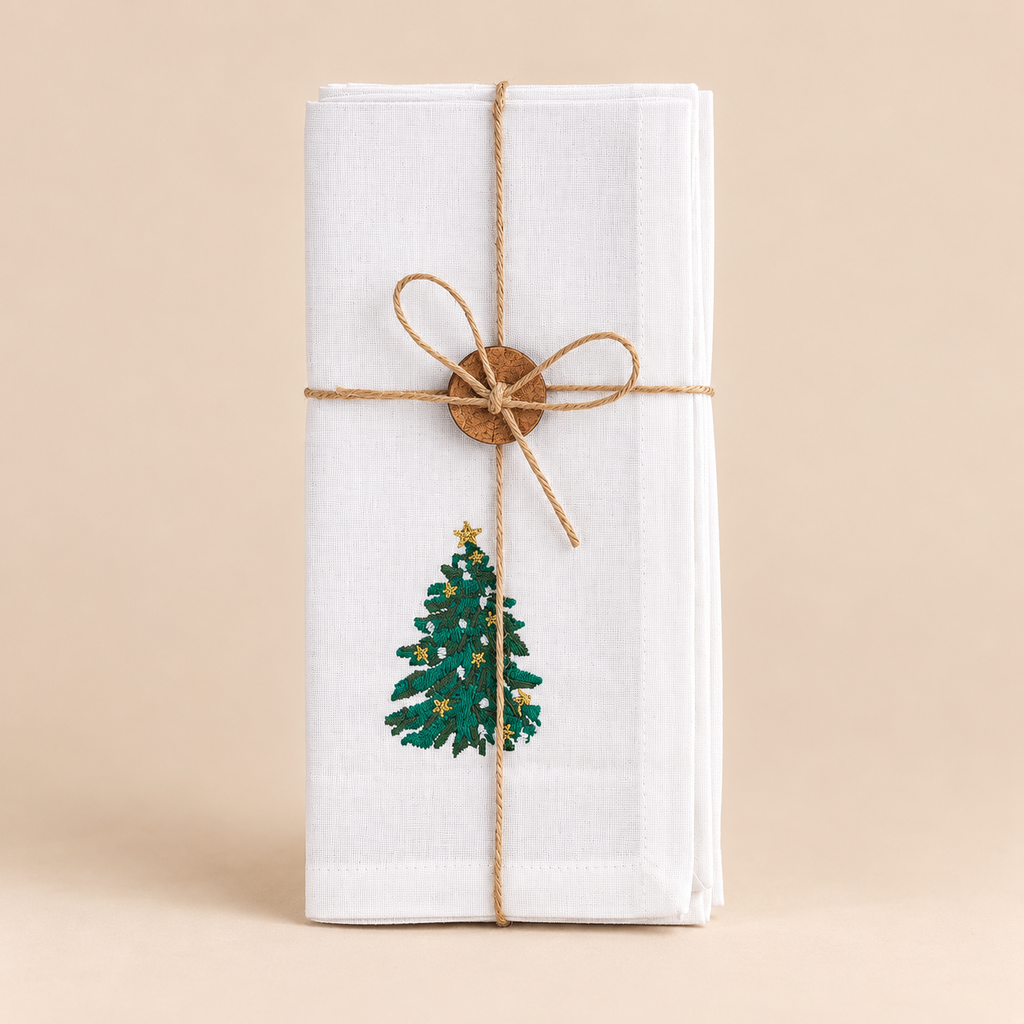 Set 4 Tovaglioli Natalizi in Cotone bianchi con Ricamo Albero 40 x 40 cm (Copia)