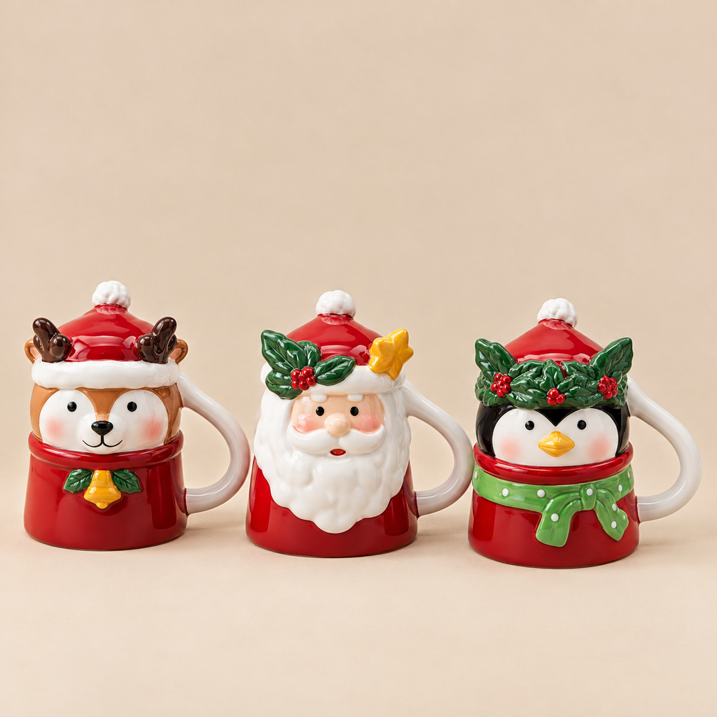 Tazzina Natalizia EDG in Ceramica con Coperchio – Renna, Babbo Natale e Pinguino Ø 6 x H 8 cm