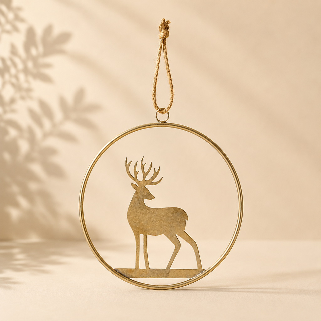 Decoro Pendente Cervo Oro in Metallo – Ø 33 cm
