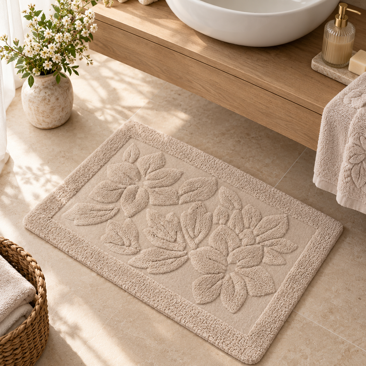 Tappeto Bagno con Fiori Blanc Mariclò Beige 50 x 80 cm Beige