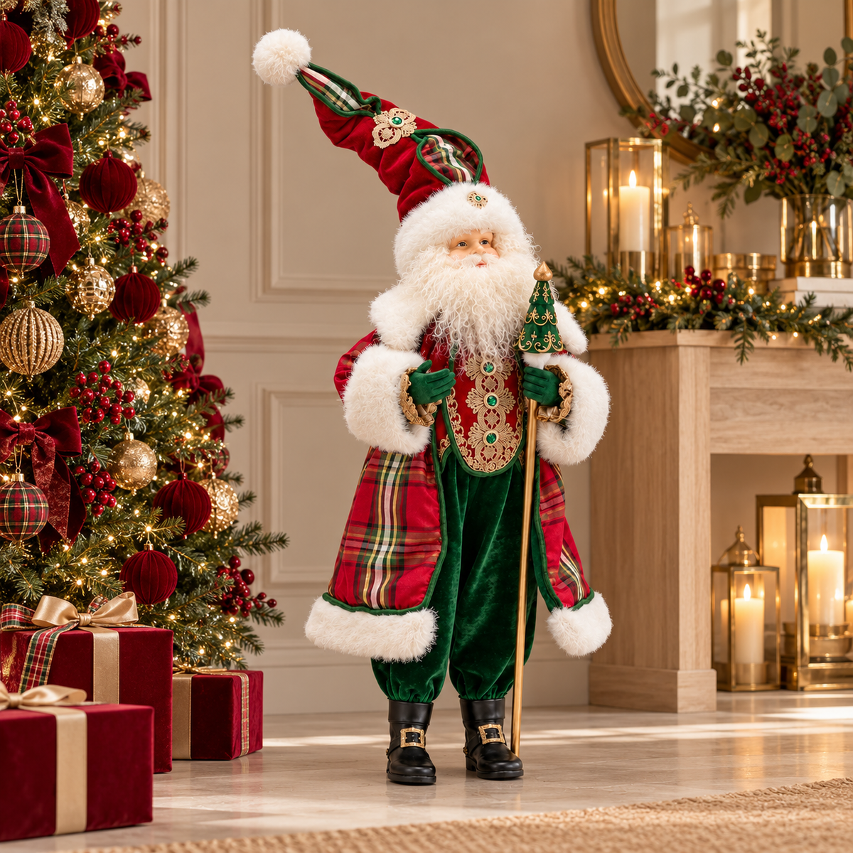 Babbo Natale Decorativo EDG con Scettro in Velluto Verde e Rosso con Dettagli Oroh.98cm