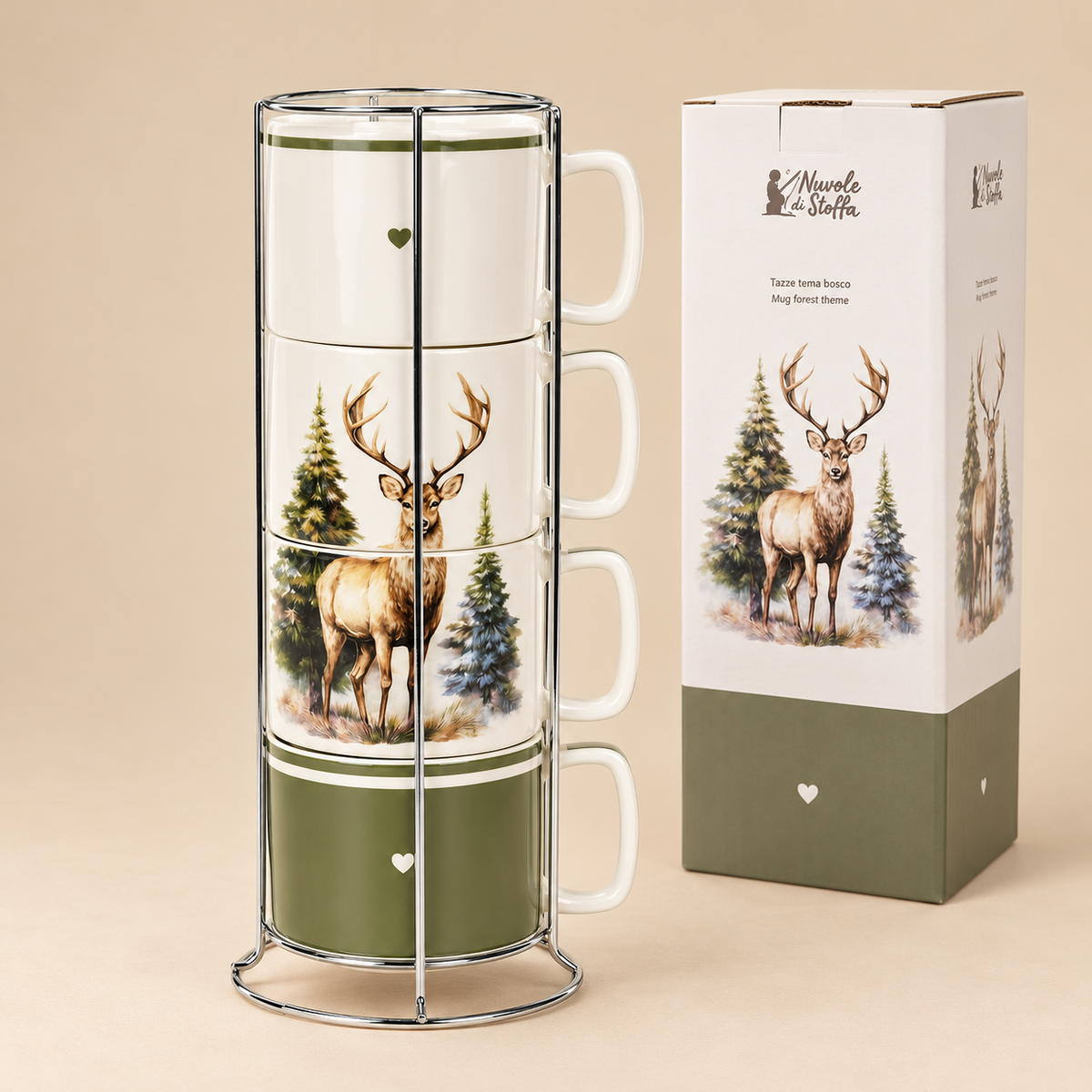 Set 4 Tazze in Ceramica Bosco Incantato con Supporto in Metallo e Decoro Cervo – 330 ml – Confezione Regalo
