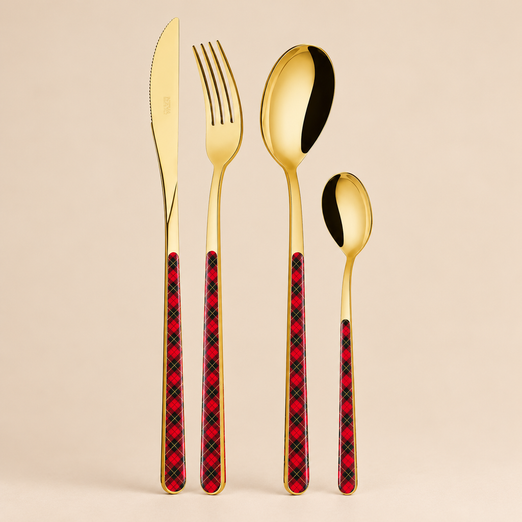 Servizio Posate 24 Pezzi Asia Oro Tartan Rosso Scozzese – Acciaio Inox Dorato con Manici Decorati