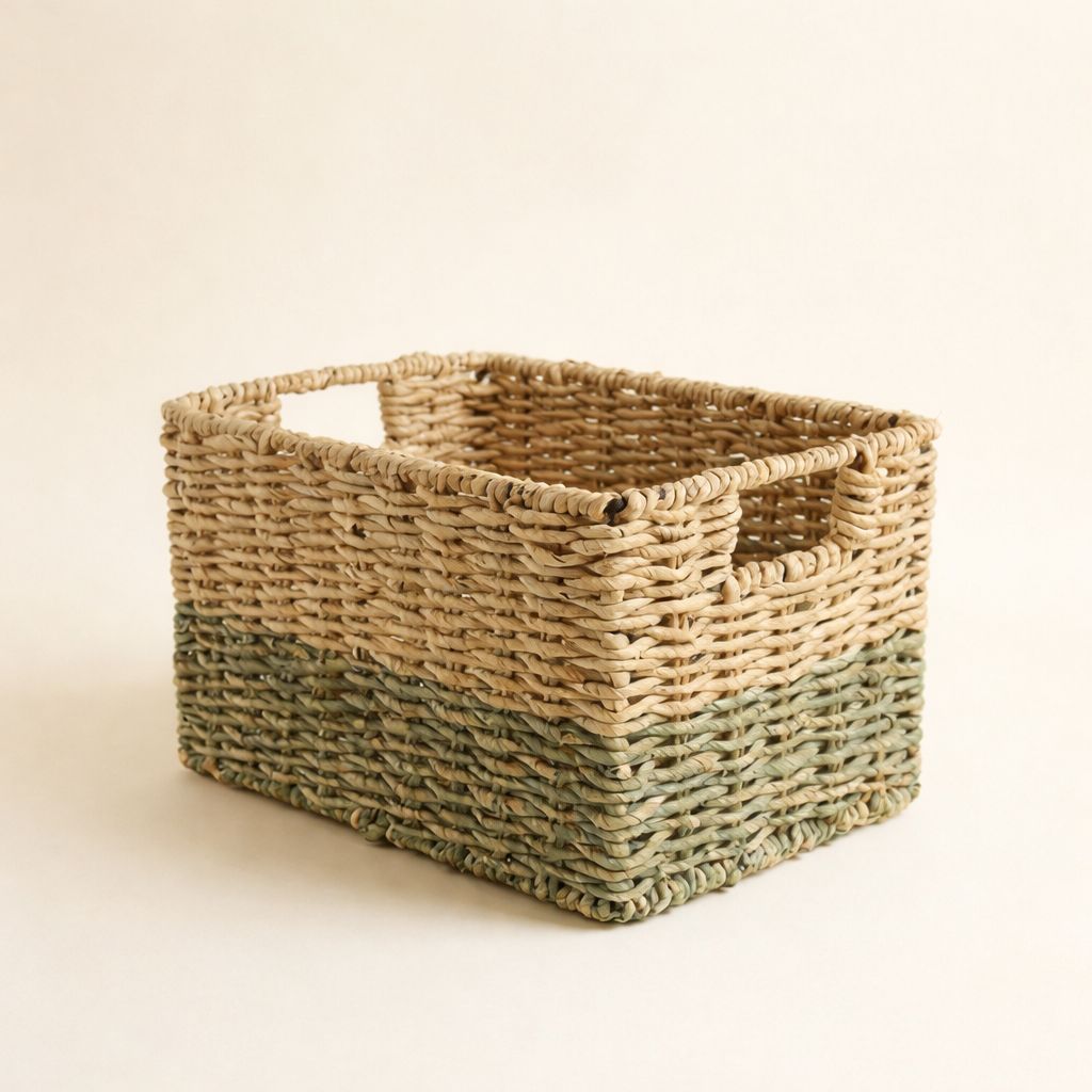 Cestino Intrecciato Bicolore con Manici – 18 x 28 x H 17 cm