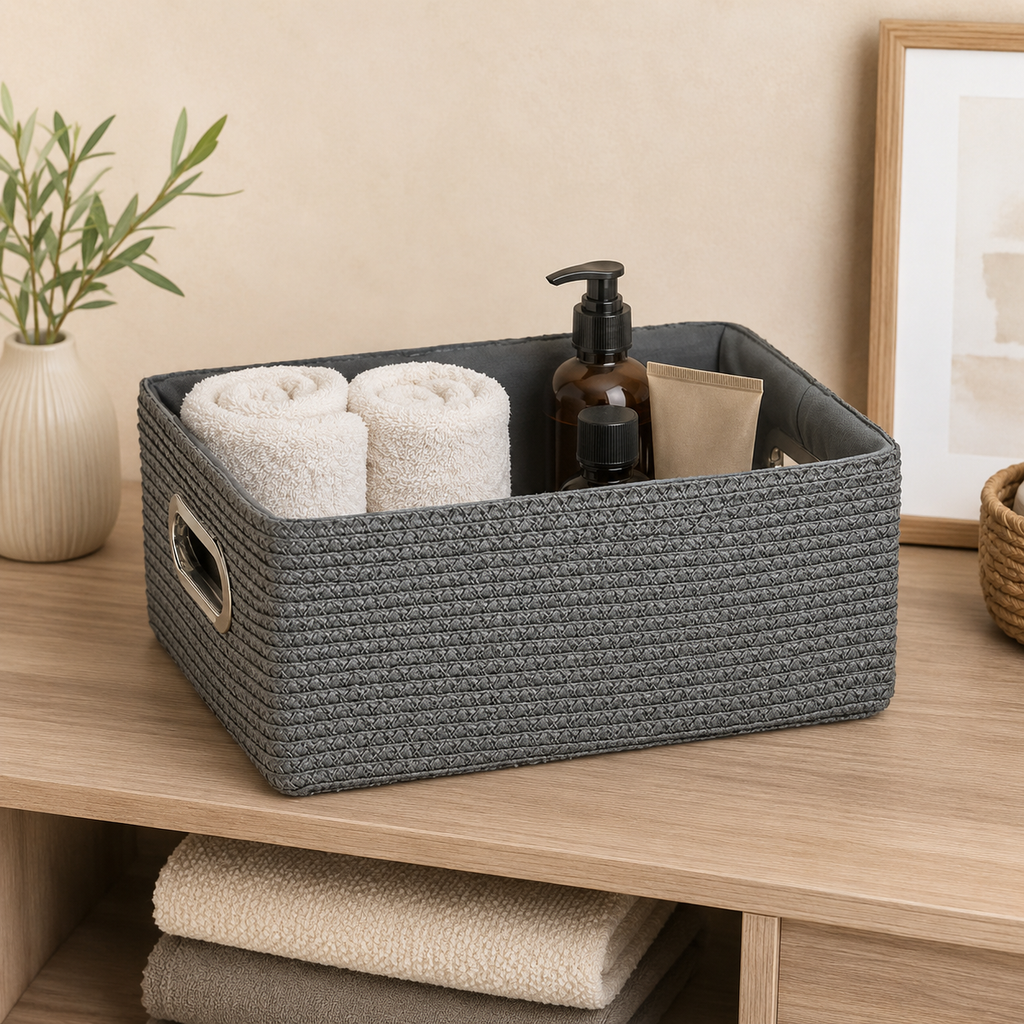 Cestino Portaoggetti Grigio con Manici – 31 x 23 x H 14 cm