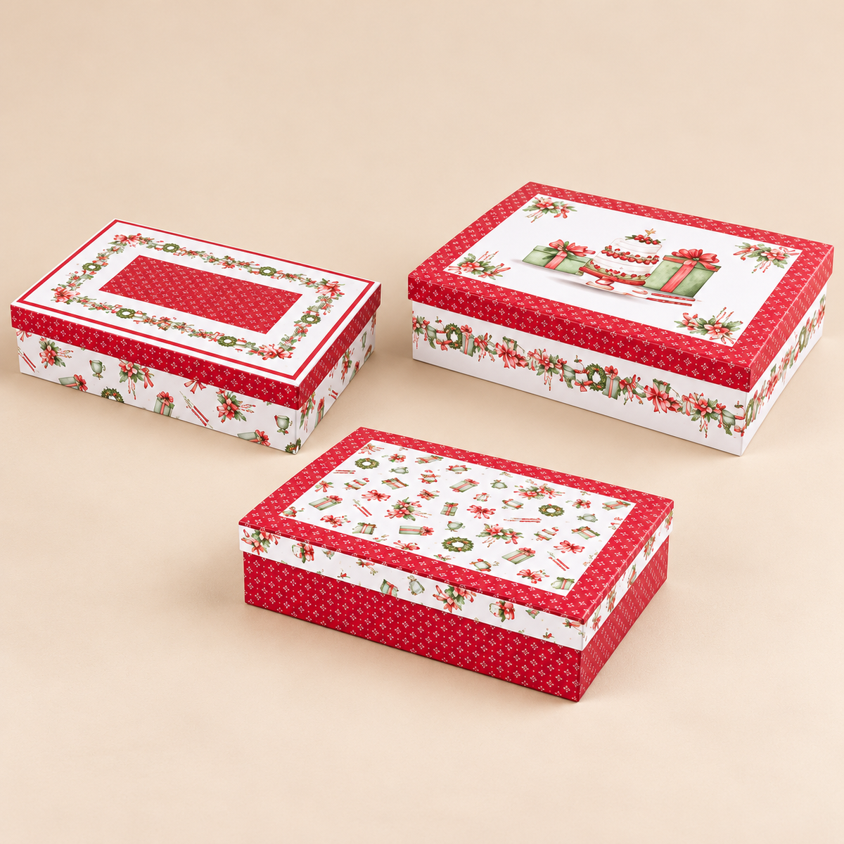 Set 3 Scatole Regalo Natalizie STORIA DI NATALE Rettangolari in Cartone  – 3 Dimensioni Assortite