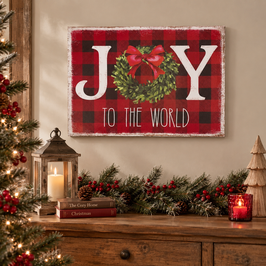 Quadro Natalizio “Joy to the World” 50x70 cm in MDF — Stile Country Scozzese