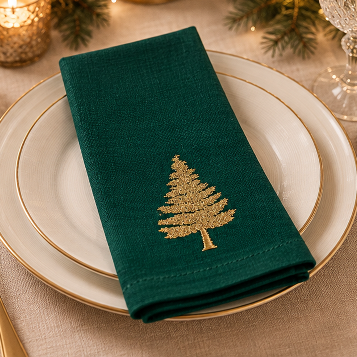 Set 4 Tovaglioli Natalizi in Cotone  verdi con Ricamo Albero 40 x 40 cm