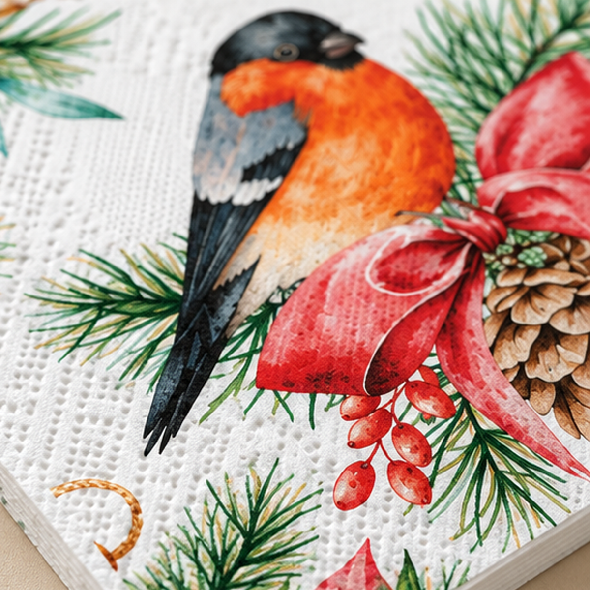 Set 20 Tovaglioli Natalizi in Carta 3 Veli con Uccellino, Pigne e Decorazioni di Natale 33 x 33 cm