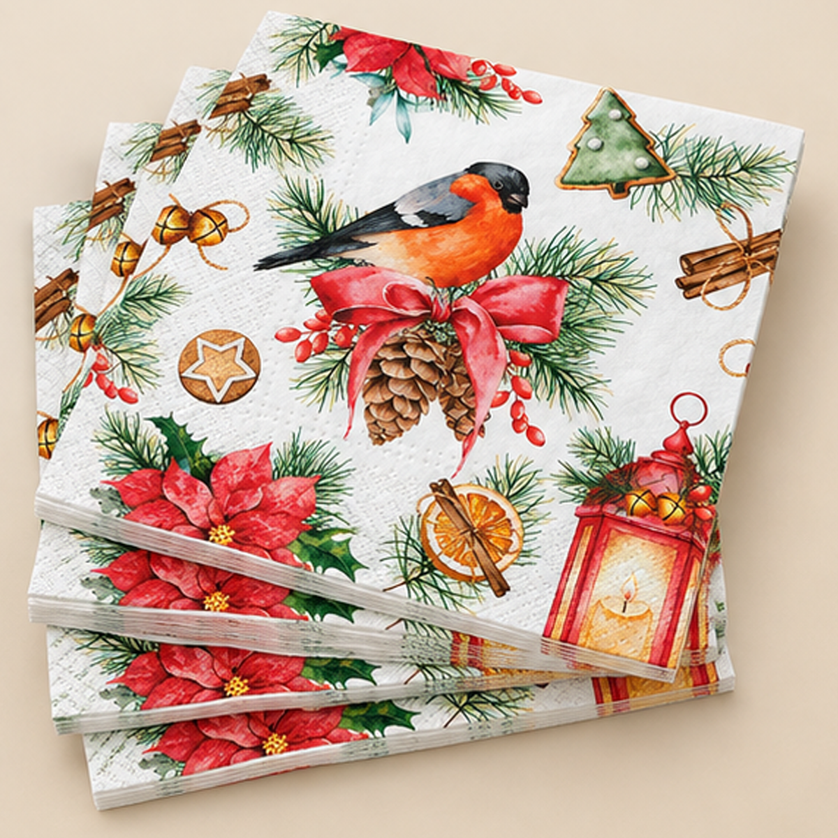 Set 20 Tovaglioli Natalizi in Carta 3 Veli con Uccellino, Pigne e Decorazioni di Natale 33 x 33 cm