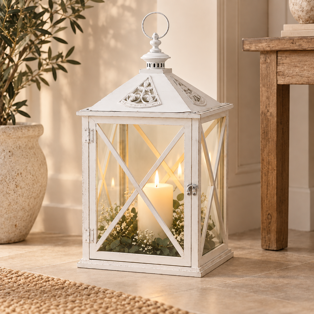 Lanterna Cedar Bianca in Metallo e Vetro H 60 cm (Seconda scelta