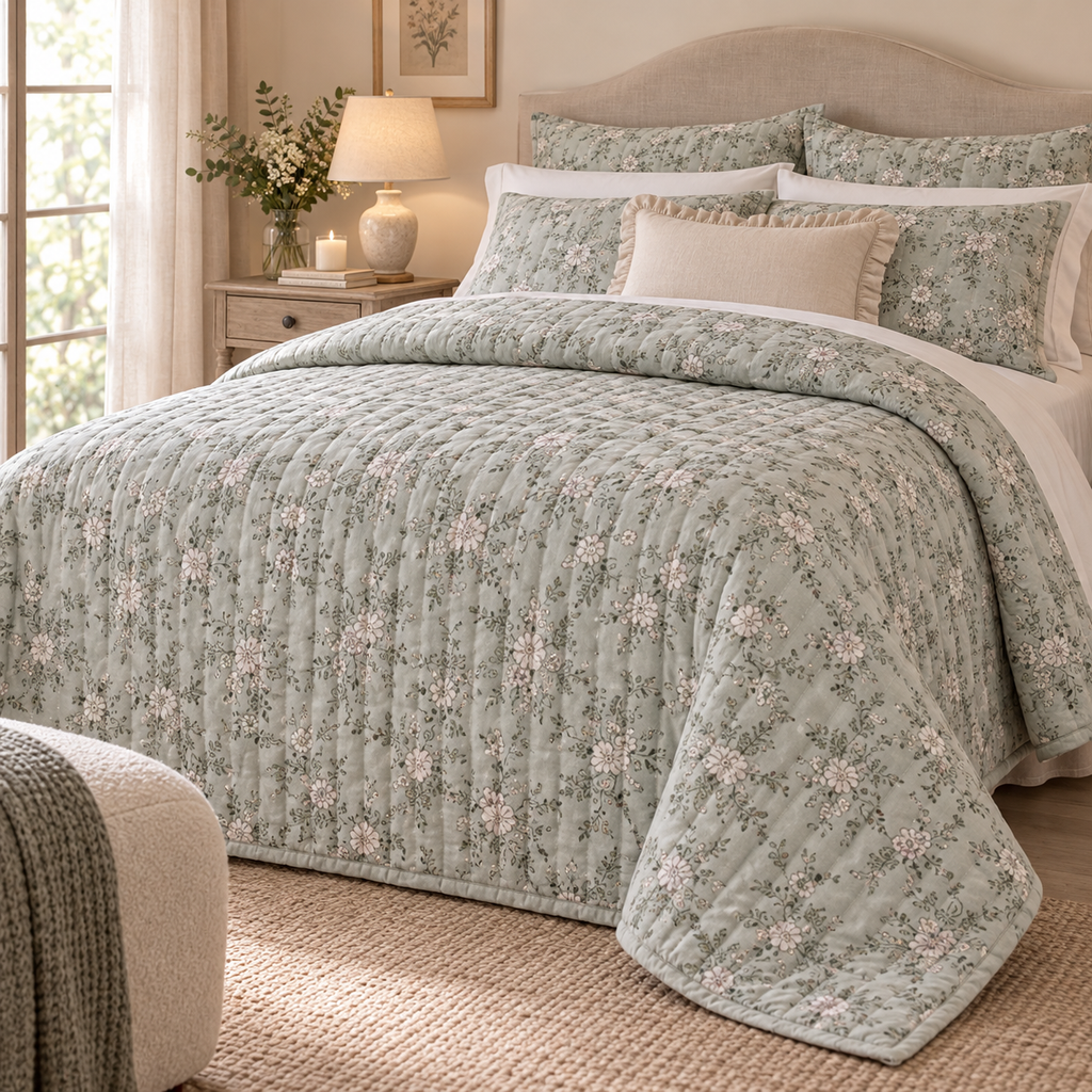 Trapunta Matrimoniale Hiver Fleuri con Fantasia Floreale Verde Salvia 260 x 260 cm
