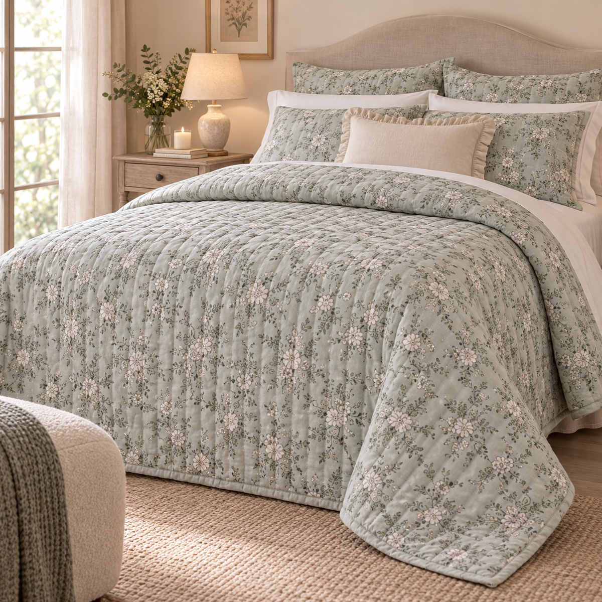Trapunta Matrimoniale Hiver Fleuri con Fantasia Floreale Verde Salvia 260 x 260 cm