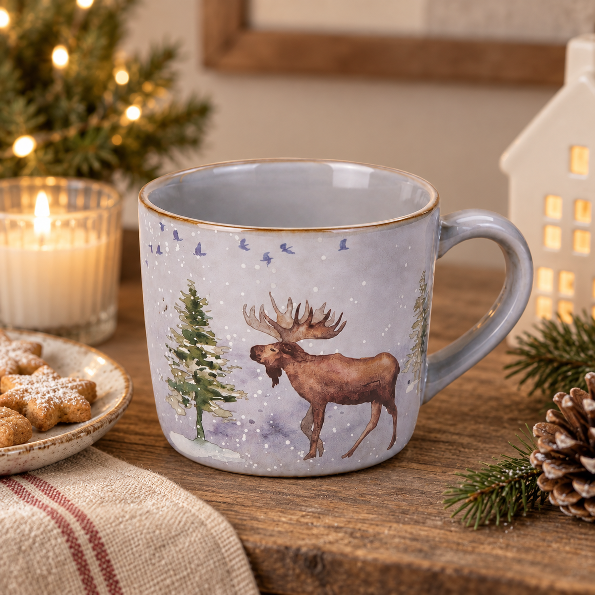 Tazza Invernale in Ceramica con Alce e Paesaggio Innevato