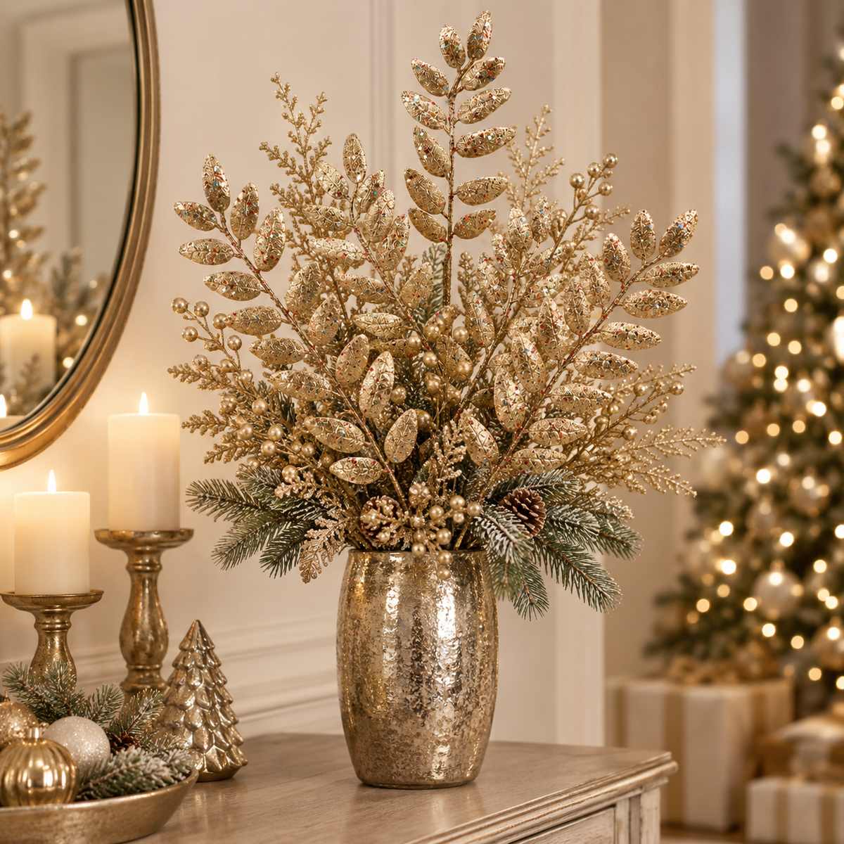 Ramo Foglie Glitter Oro H69 cm