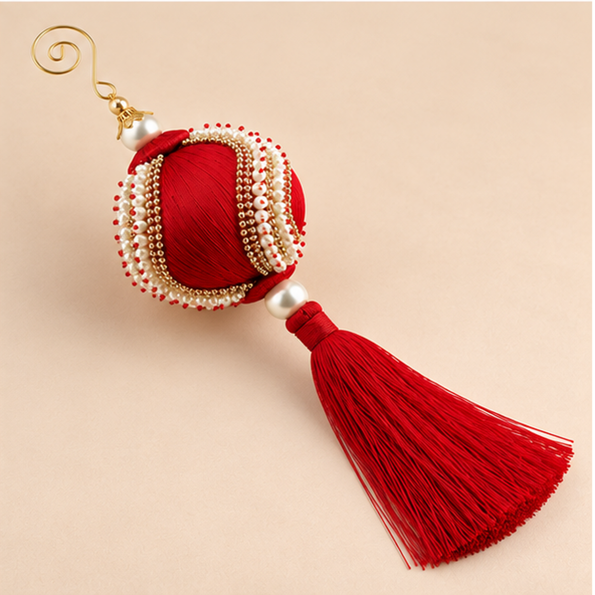 Sfera Natalizia EDG Rossa con Perle, Strass e Nappa Decorativa Ø8xH28 cm