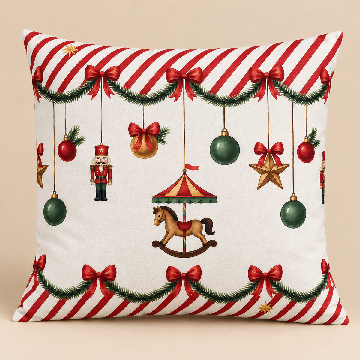 Cuscino Natalizio Decorativo Bianco con Cavallo a Dondolo, Schiaccianoci e Addobbi Rossi e Verdi 45 x 45 cm