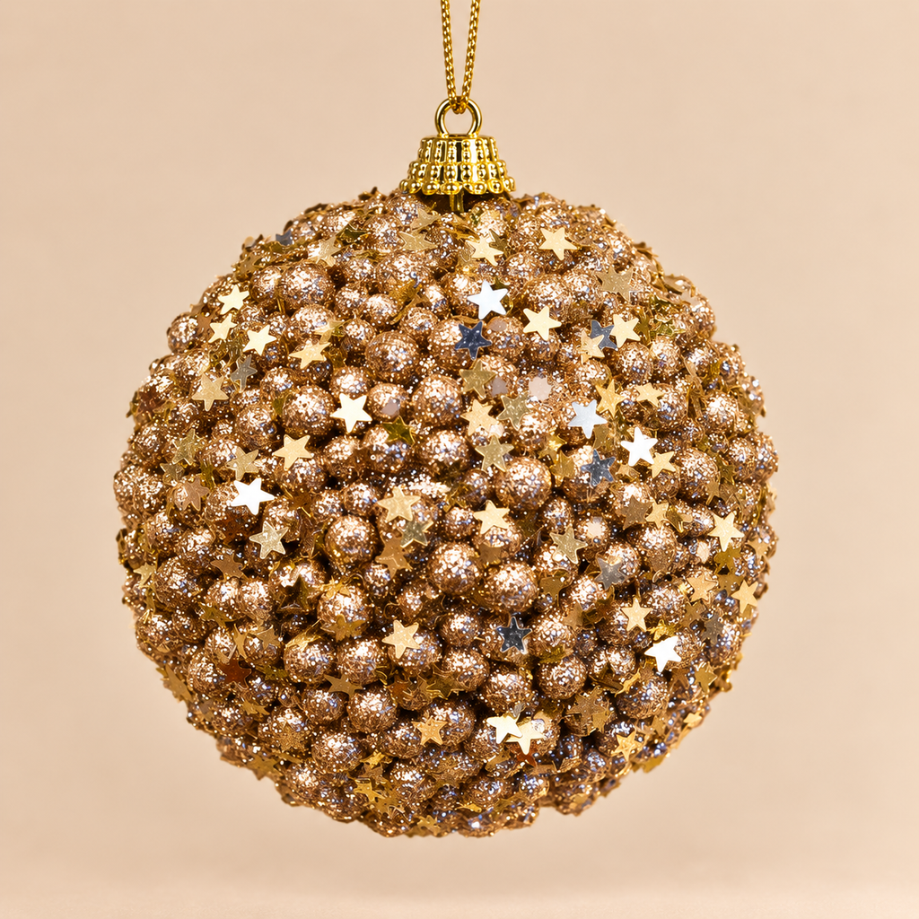 Sfera di Natale Oro Champagne con Glitter e Stelline Ø 10 cm in PVC