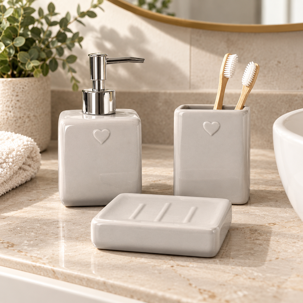 Set Accessori Bagno 3 Pezzi in Ceramica con Cuori in Rilievo – Dispenser Sapone, Portaspazzolini e Portasapone