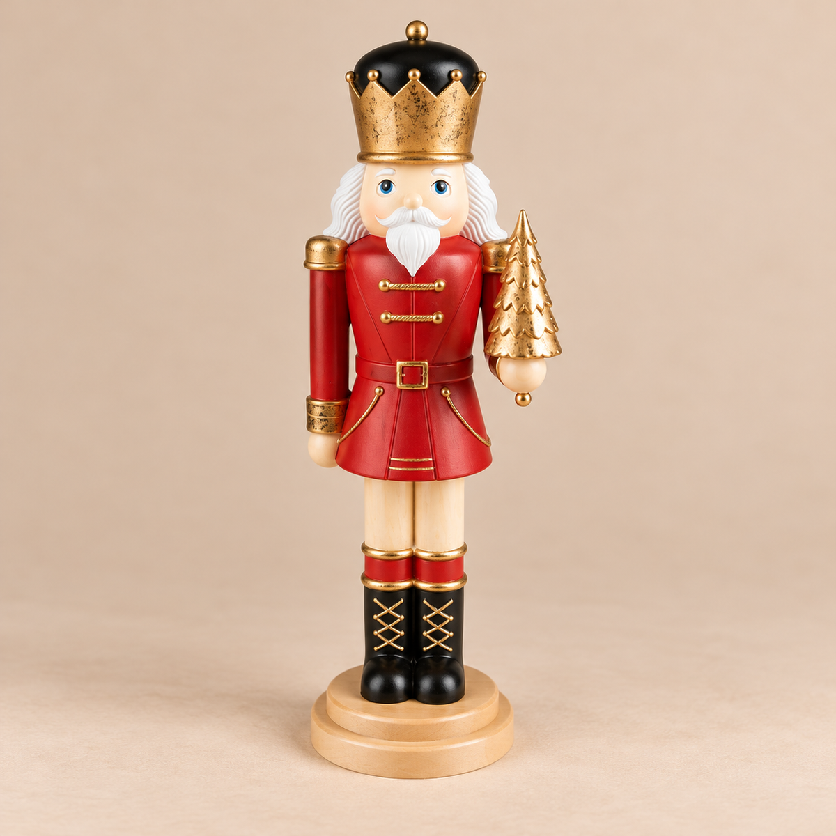 Schiaccianoci Natalizio Decorativo in Poliresina con Corona Nera e Oro e Alberello Dorato – H 38 cm