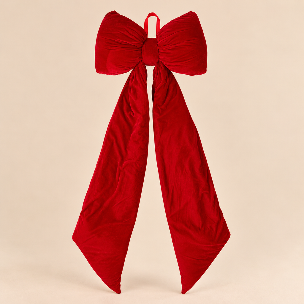 Fiocco Natalizio Extra Large in Velluto Rosso con Code Lunghe da Appendere 162 cm
