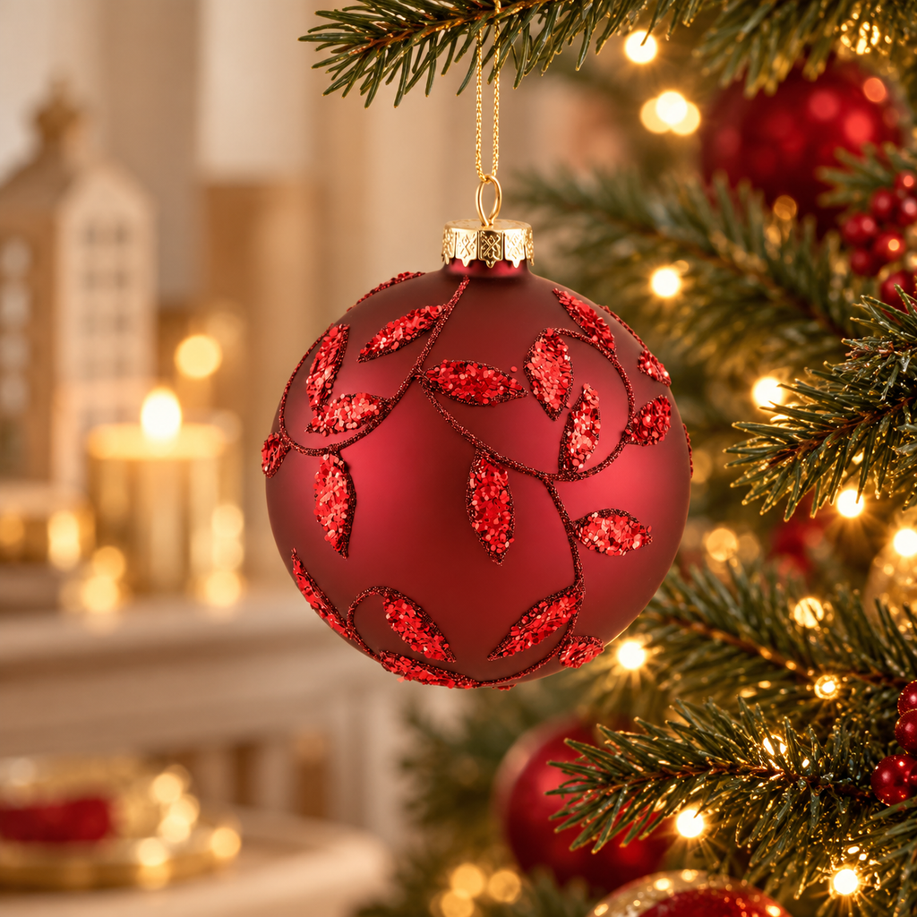 Pallina di Natale in Vetro Bordeaux con Rami e Foglie Glitterate Rosso Rubino – Ø 8 cm